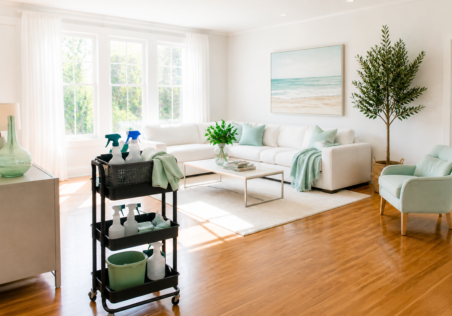 Bright living room with a cleaning cart ready to go